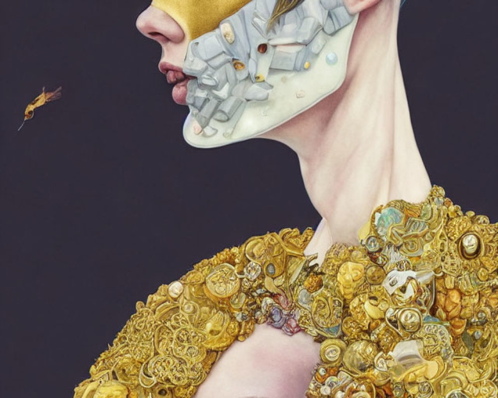 Surreal Artwork: Human Profiles with Golden Mask and Mechanical Parts, adorned with Gold Objects and