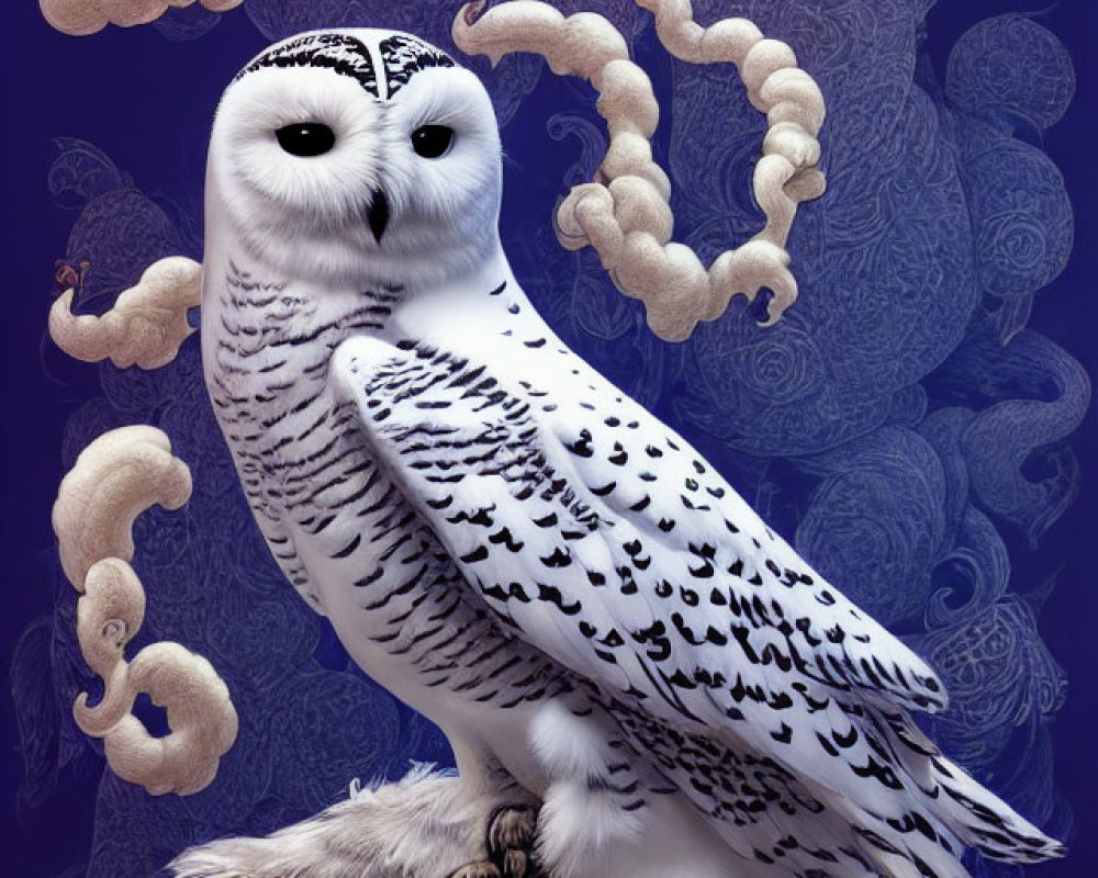 Majestic snowy owl digital illustration with stylized clouds and patterns