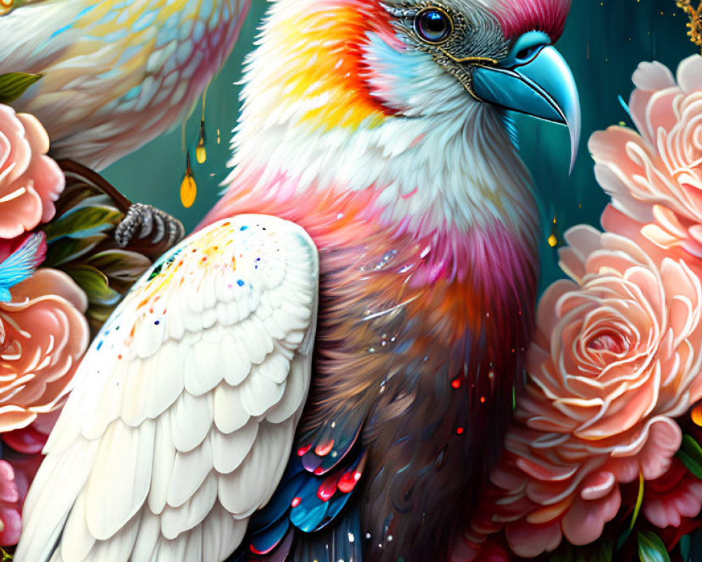 Colorful illustration of exotic birds in roses with yellow, blue, pink, and white feathers