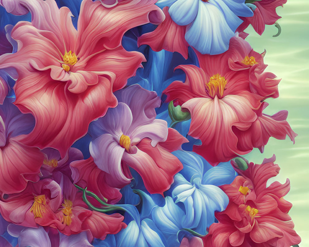 Colorful Blue and Pink Illustrated Flower Bouquet on Cloudy Background