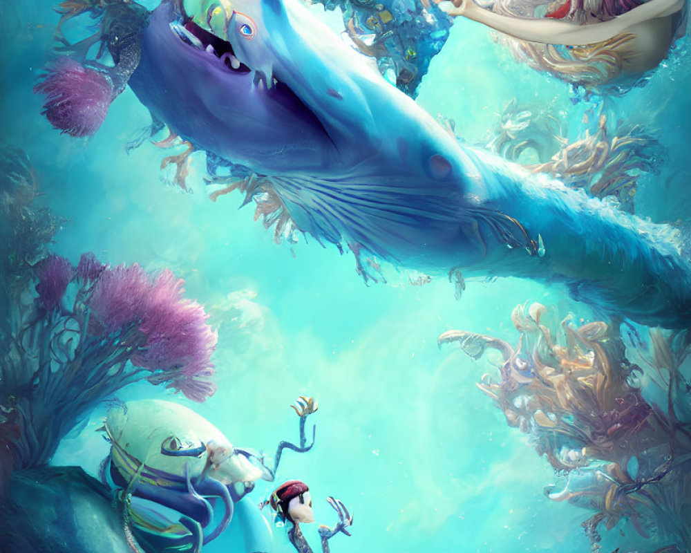 Colorful Coral and Blue Whale in Cartoonish Underwater Scene