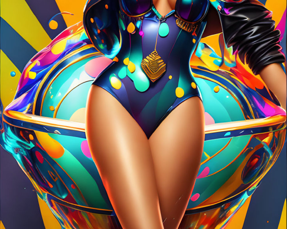 Colorful digital artwork of stylized woman with flowing hair on abstract spheres