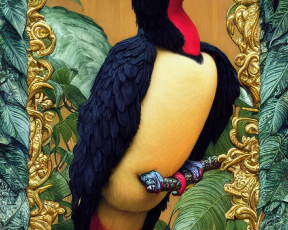 Colorful toucan with large bill in ornate golden frames and lush green foliage