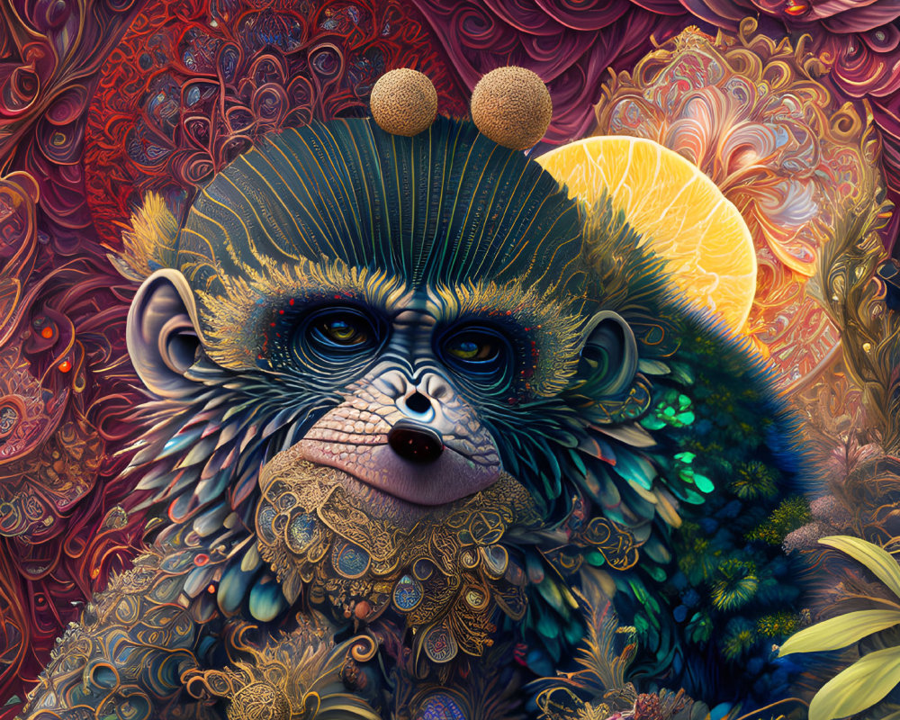 Colorful Monkey Illustration with Intricate Patterns and Warm Palette