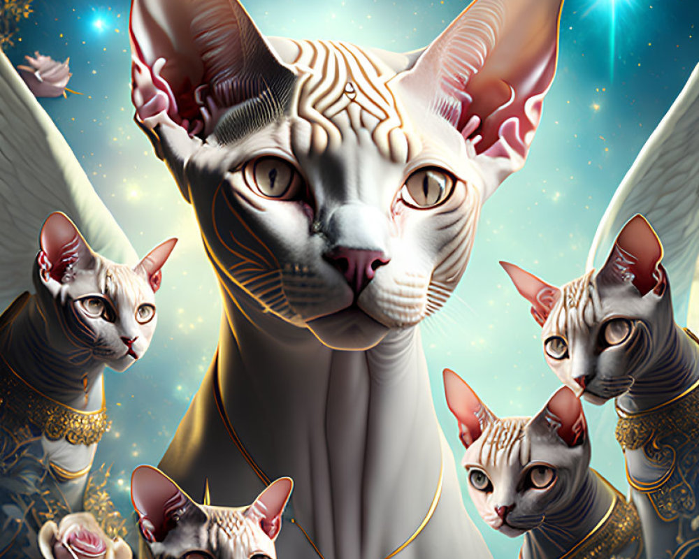 Regal sphynx cat portrait with gold jewelry, roses, and starry backdrop