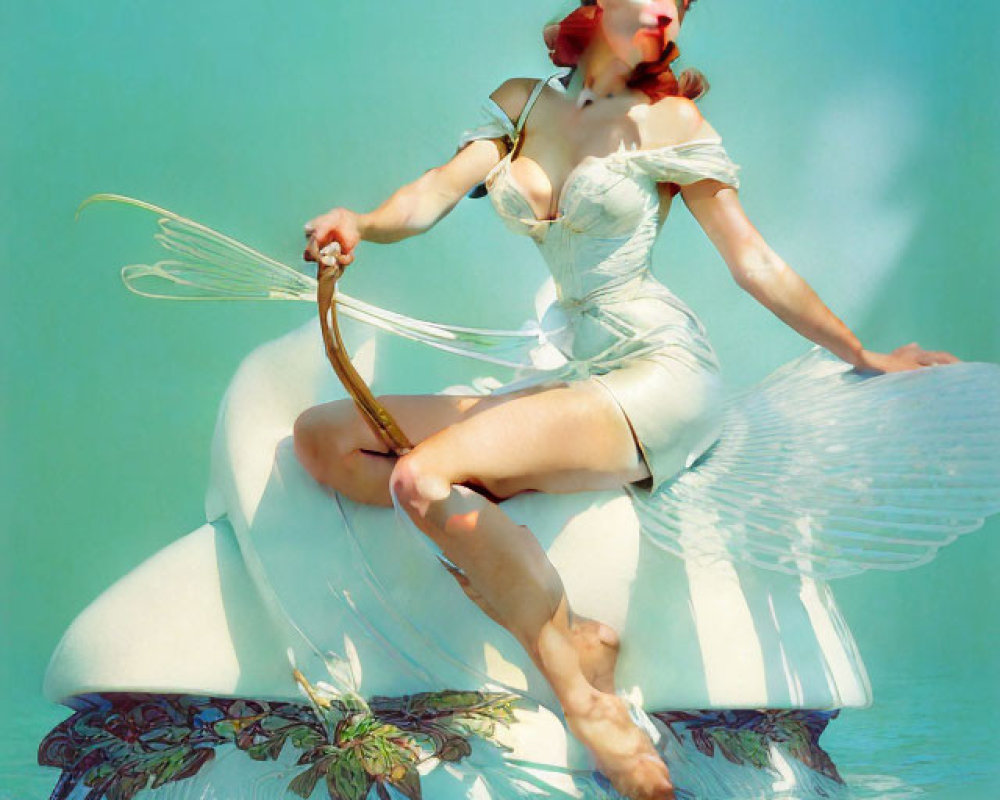 Woman in white outfit on inflatable swan with golden hoop in surreal vintage scene