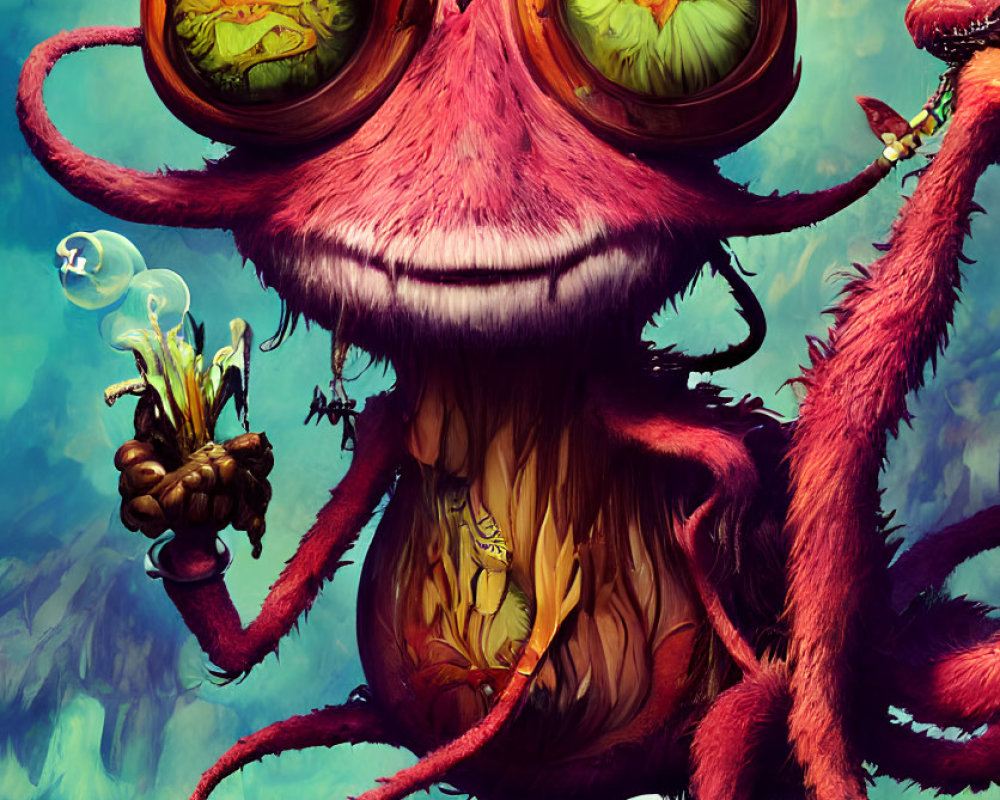 Colorful digital artwork of whimsical creature with large eyes and red tentacles holding tiny being