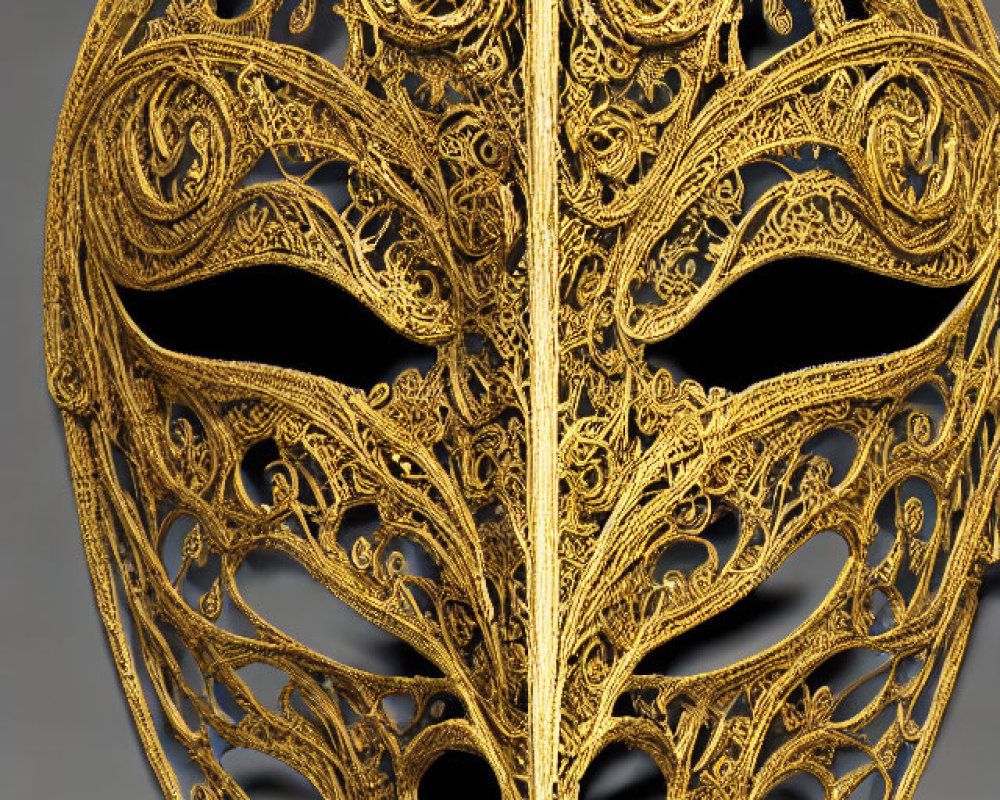 Golden Filigree Mask with Symmetrical Split on Gray Background