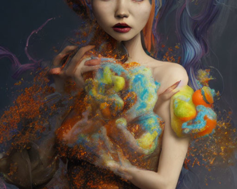 Colorful Swirling Hair Fantasy Portrait with Intense Gaze