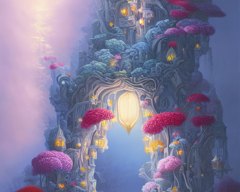 Luminous vertical cityscape with oversized vibrant flora under glowing sky