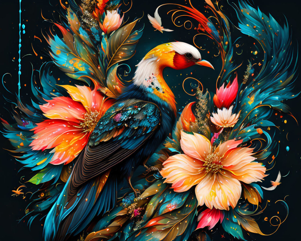 Colorful Stylized Bird Artwork with Floral Patterns on Black Background
