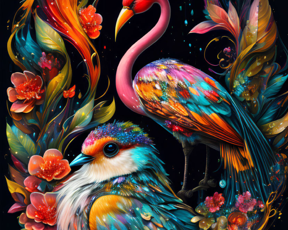 Colorful bird and flamingo amidst lush flora on dark background
