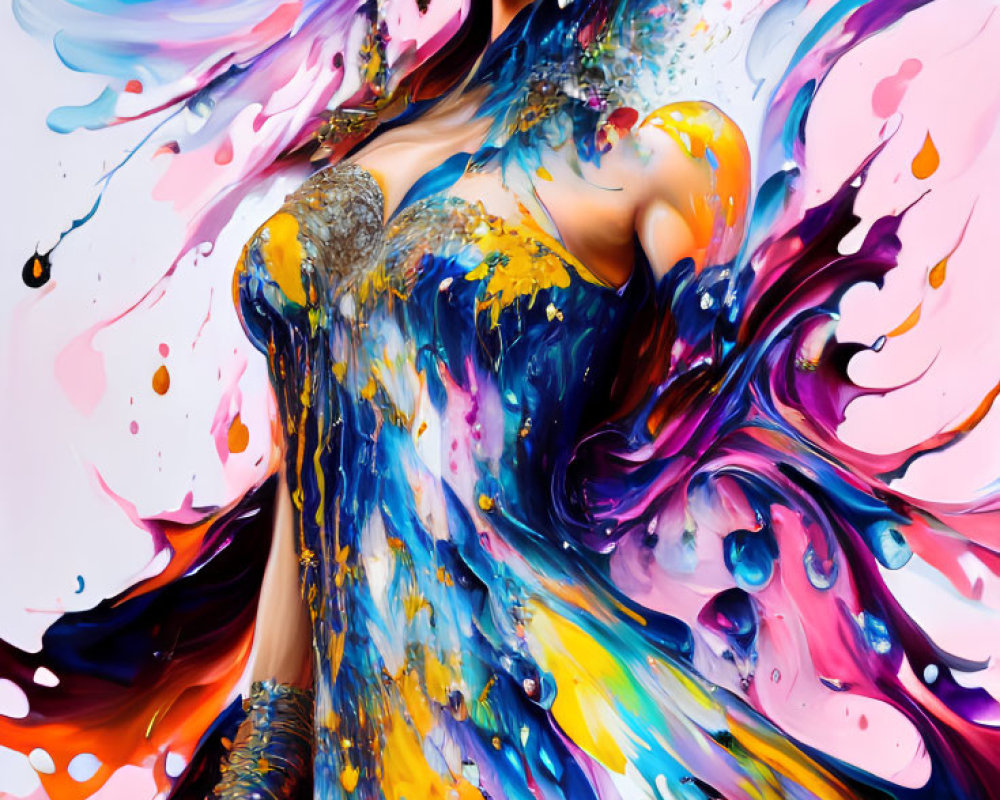 Colorful Artistic Illustration of Woman with Flowing Hair and Paint Splatters
