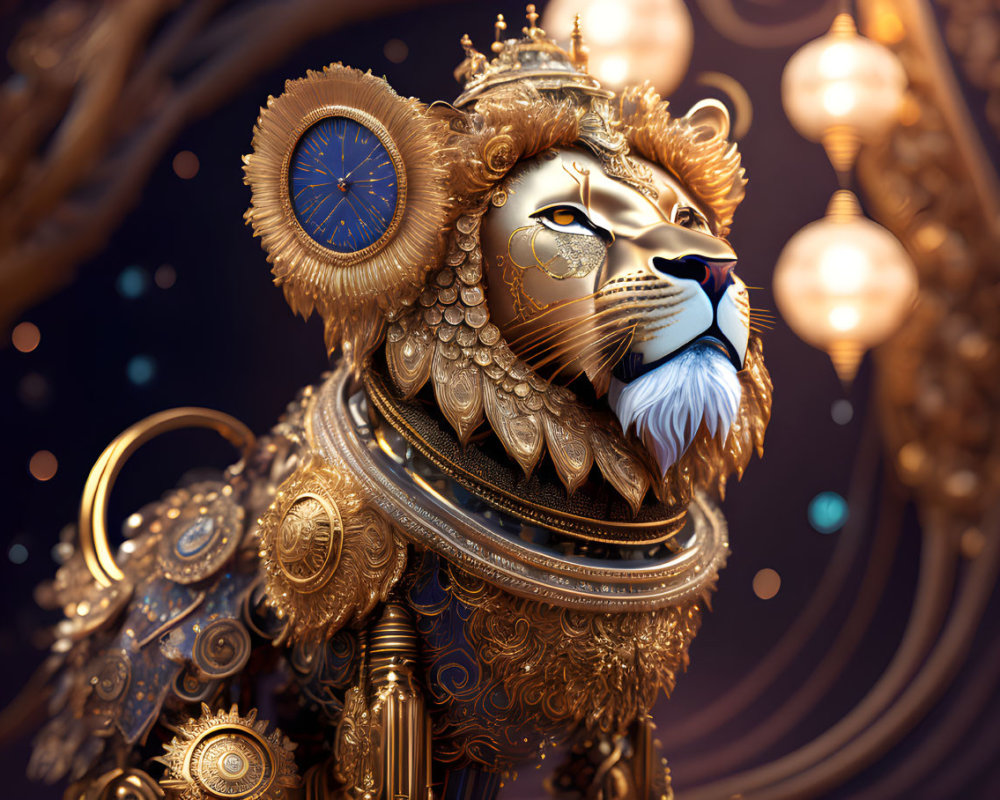 Steampunk-inspired lion with mechanical details and clock elements on intricate background.
