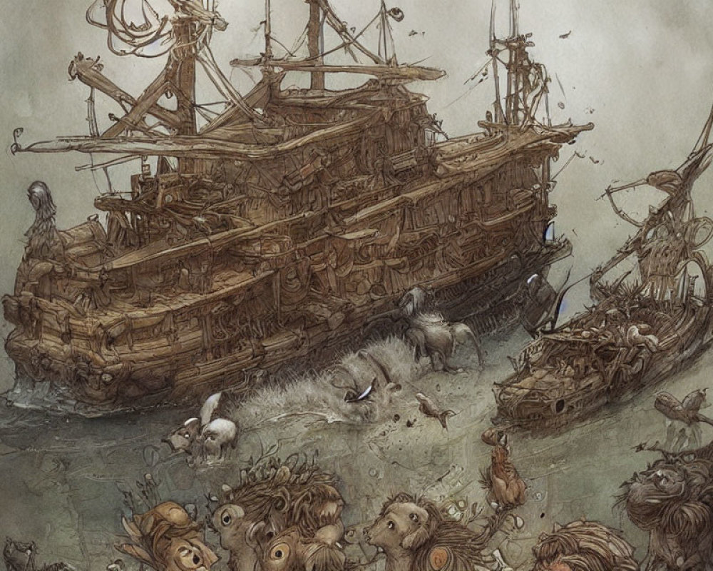 Fantastical anthropomorphic animals on old ship in muted colors