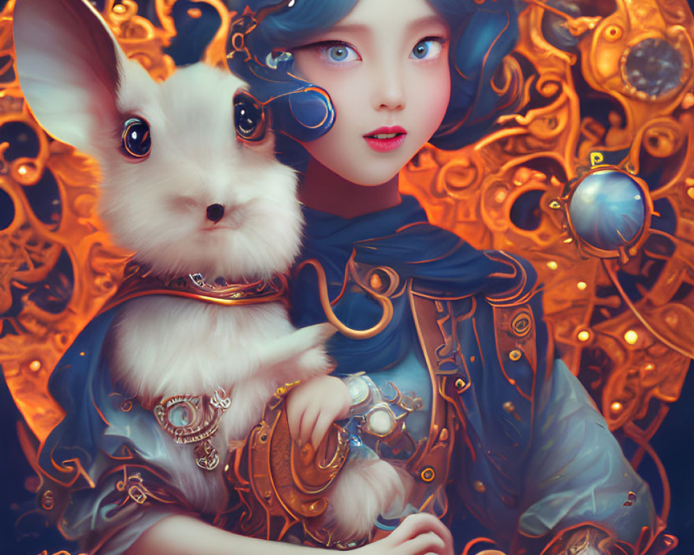 Ethereal illustration of girl with blue hair and golden accessories holding white rabbit on golden circular backdrop