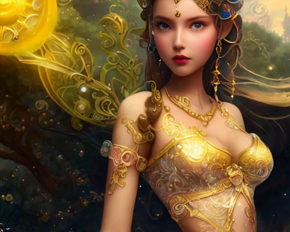 Detailed illustration of woman with gold jewelry in mystical forest
