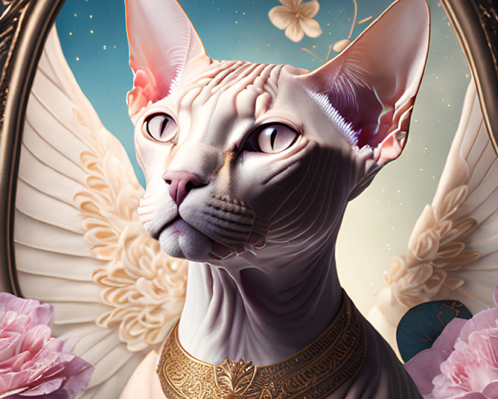 Hairless Sphynx cat adorned with golden jewelry among pink roses in ornate frame