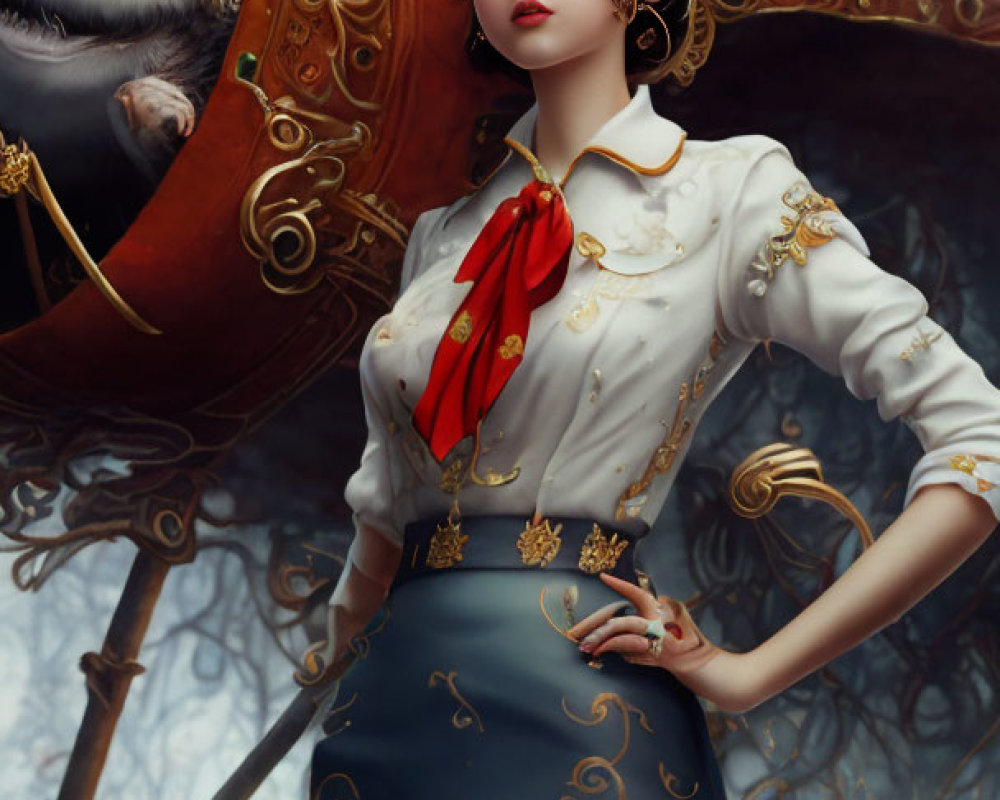 Digital artwork of woman in vintage pilot uniform with airship and giant eyes