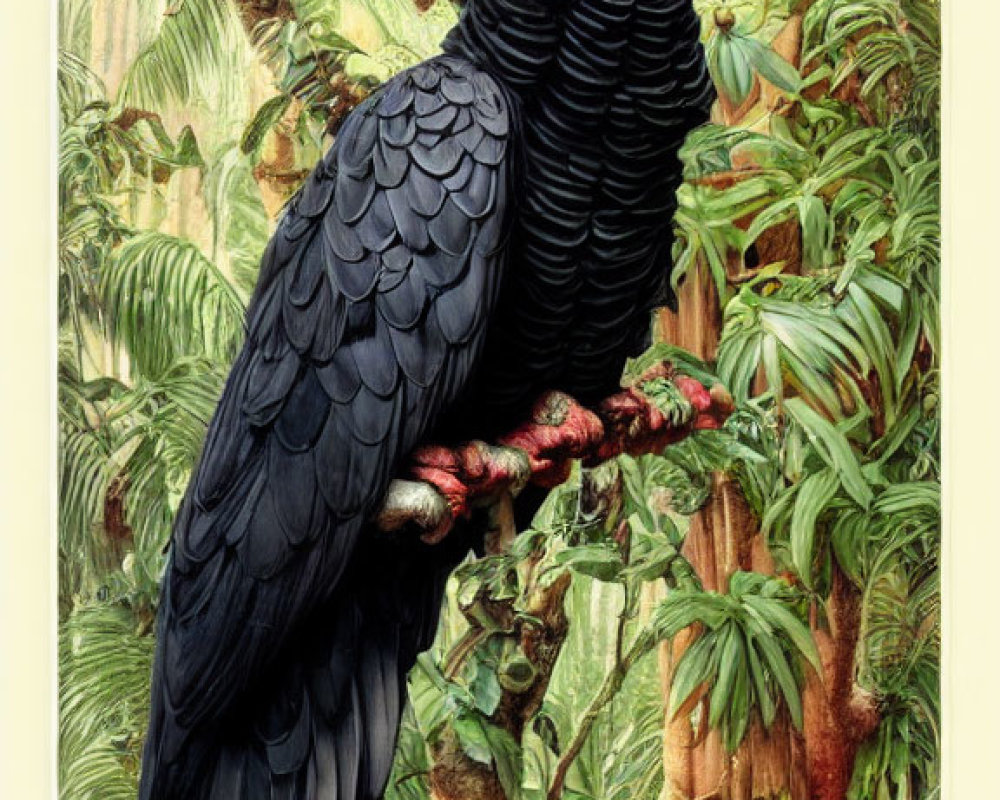 Black Parrot with Striking Red Tail Feathers in Lush Rainforest Setting