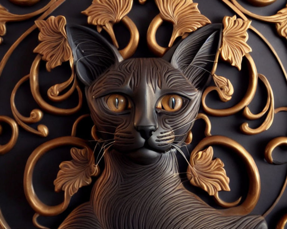 Intricate Cat Face Sculpture with Leaf and Swirl Patterns in Dark Monochrome