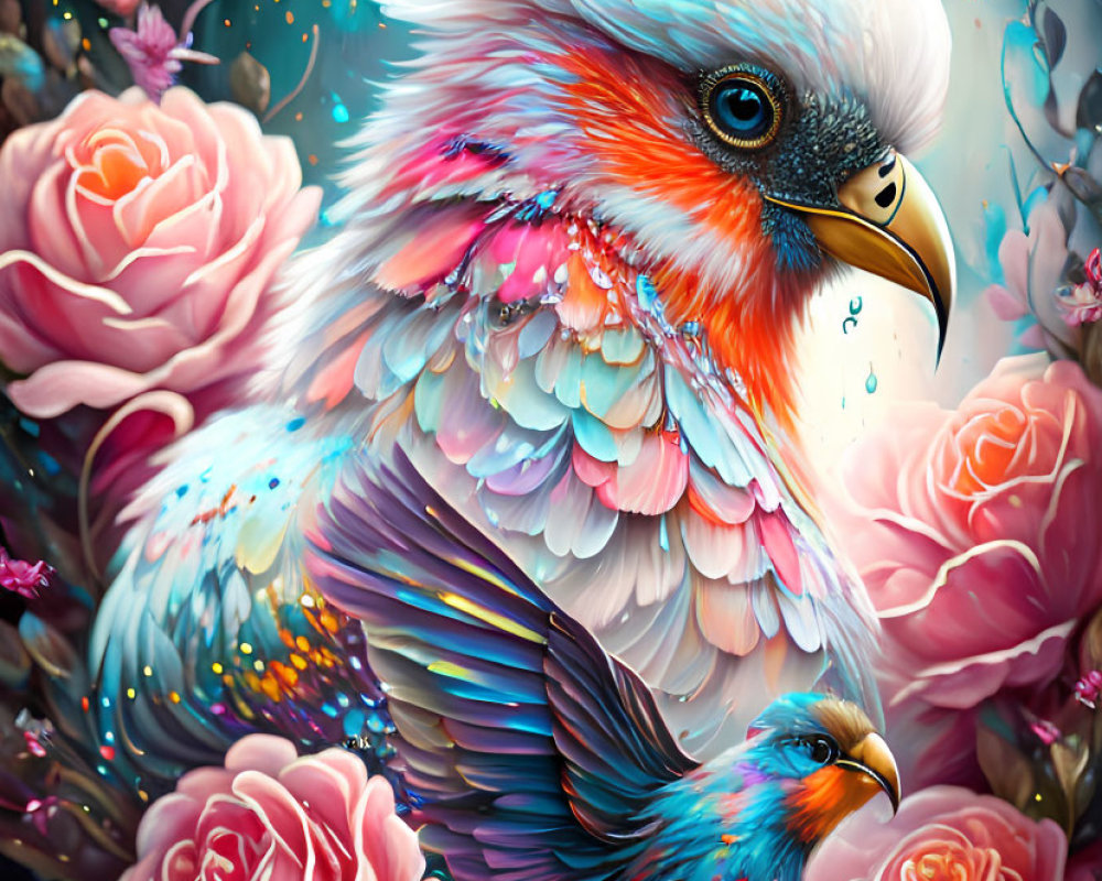 Colorful Bird Illustration with Floral Details and Pink Roses