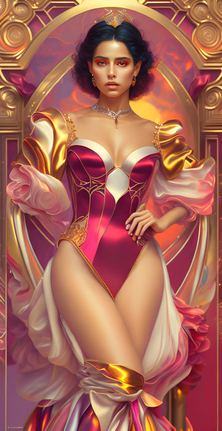 Regal woman in red and gold corset dress against golden architectural backdrop