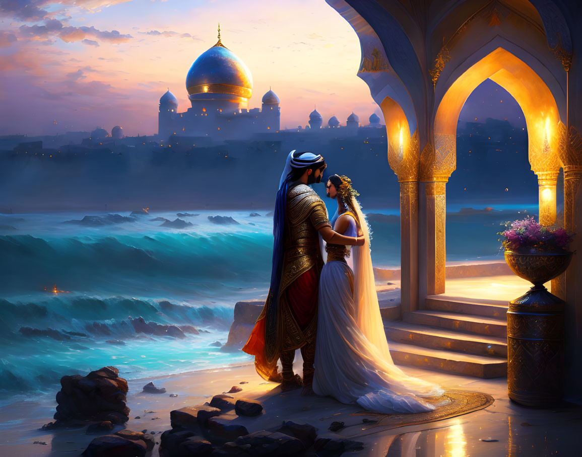 Traditional attired couple embraces by sea at dusk near ornate archway, historic cityscape, glowing