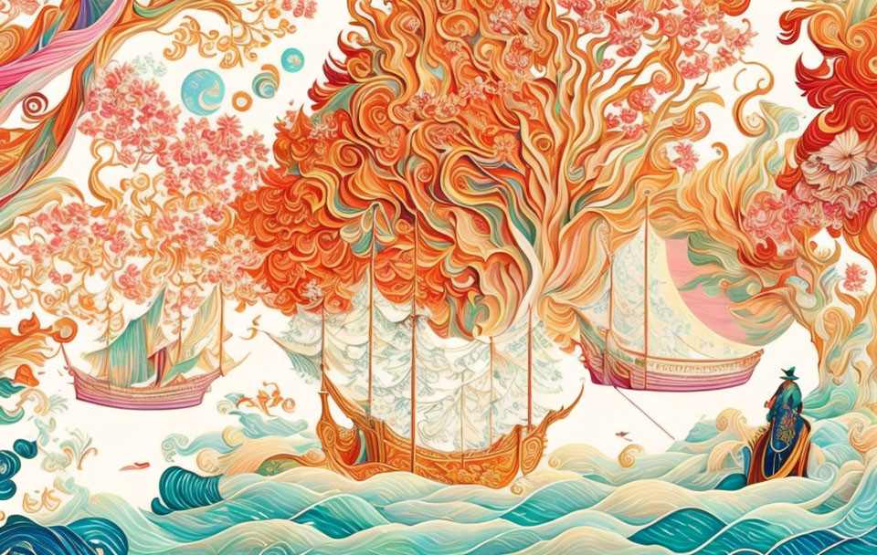 Colorful illustration: fiery tree, sailing ships, regal figure