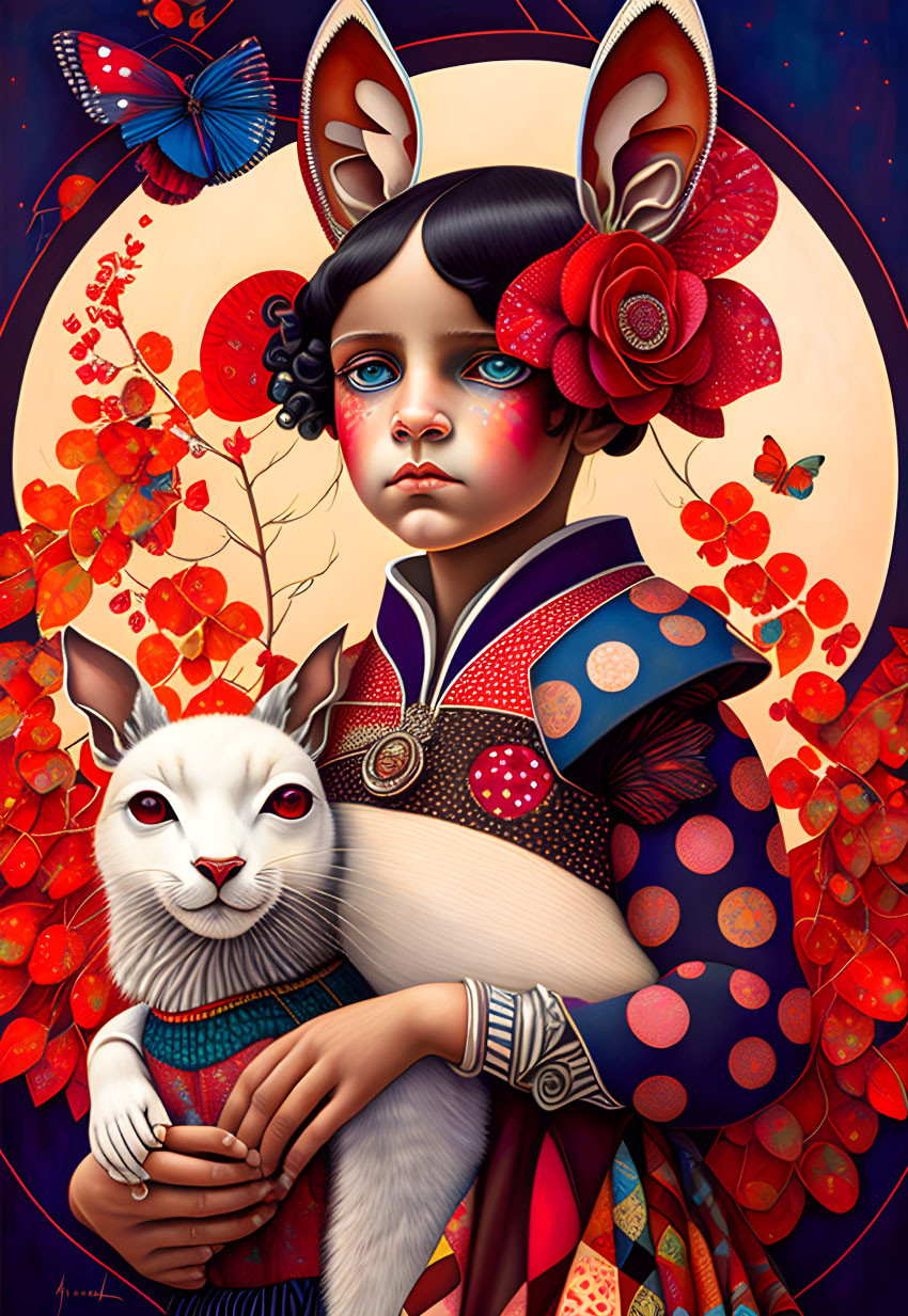 Stylized portrait of a girl with rabbit-like ears, white cat, red flowers