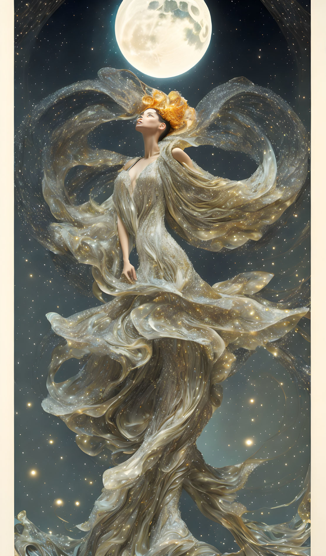 Ethereal woman in flowing attire gazes at full moon in starry sky