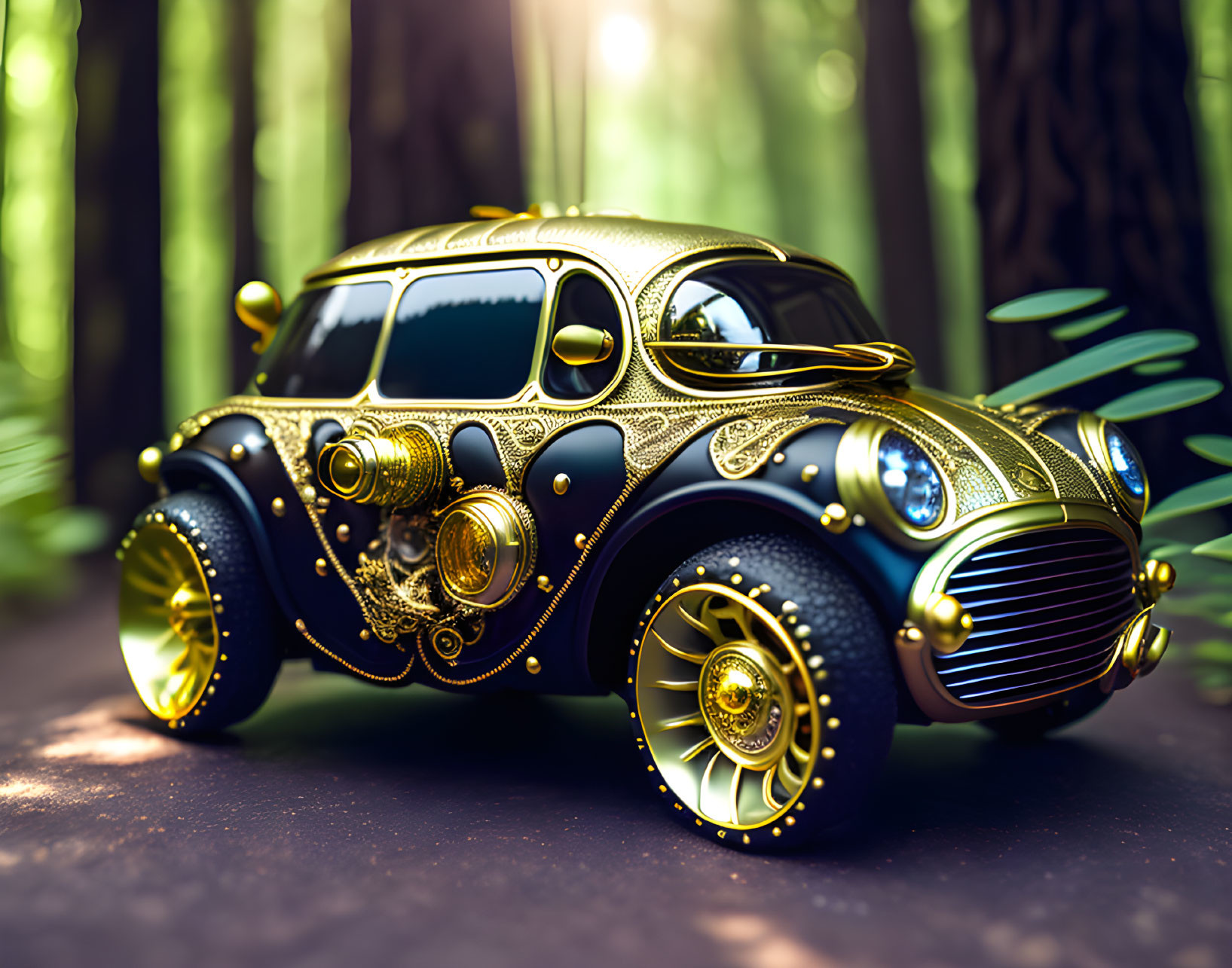 Vintage Car with Gold Embellishments in Forest Sunlight