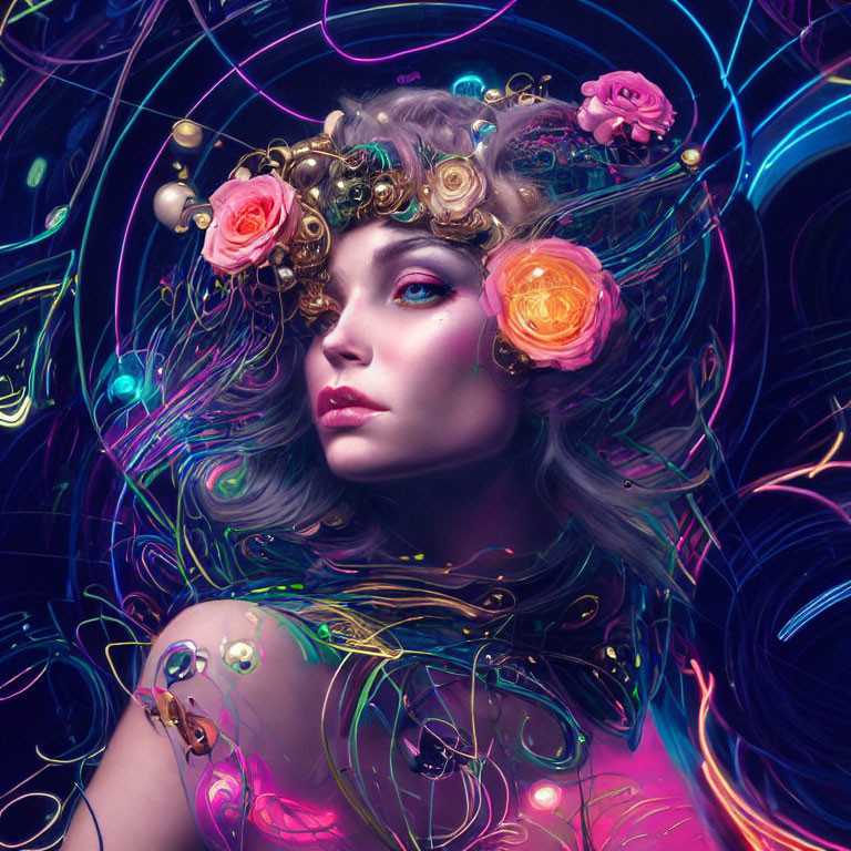 Digital artwork: Woman with vibrant flowers and neon lights, emitting magical aura