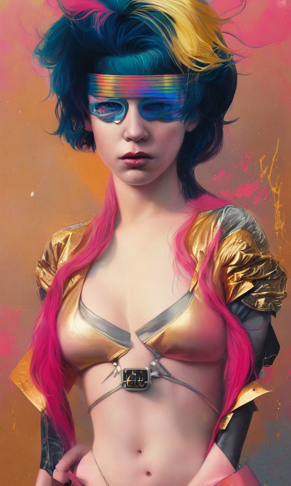 Vibrant portrait of person with blue and yellow hair and futuristic visor.