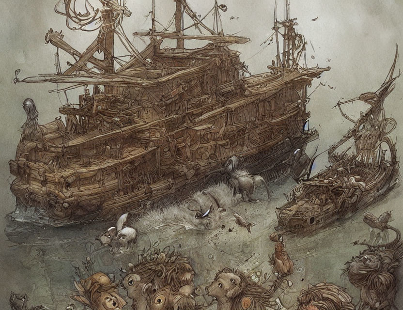 Fantastical anthropomorphic animals on old ship in muted colors