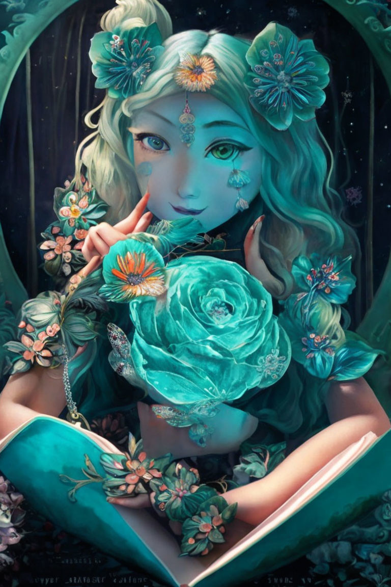 Illustration of woman with turquoise hair, floral accents holding rose and book, framed by mirror