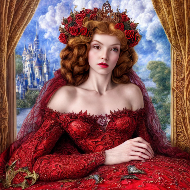 Woman with rose crown in red dress by castle view window - regal fantasy ambiance