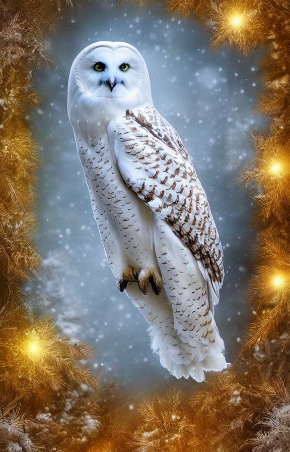 Snowy owl with yellow eyes perched in golden lights and falling snowflakes