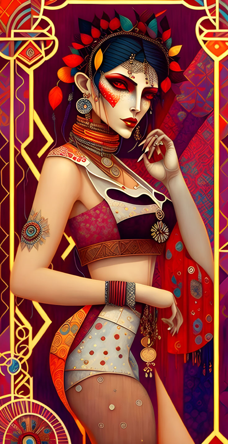 Woman with Intricate Body Art and Jewelry in Rich Colors & Patterns
