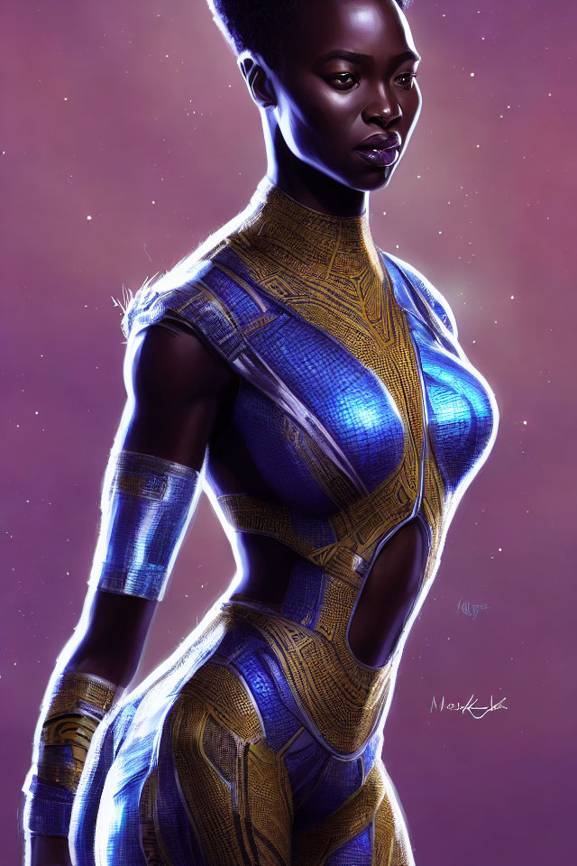 Futuristic woman in blue and gold attire on purple background