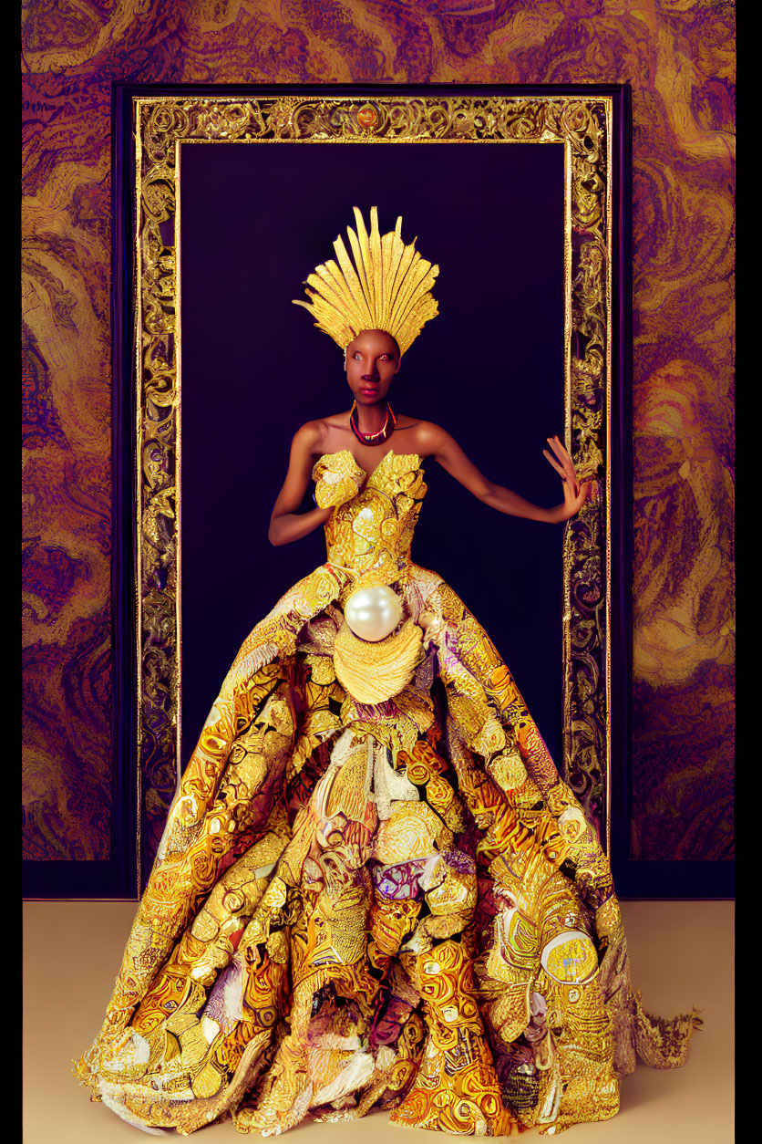 Elaborate Gold-Patterned Gown with Pearl Centerpiece and Spiky Headpiece