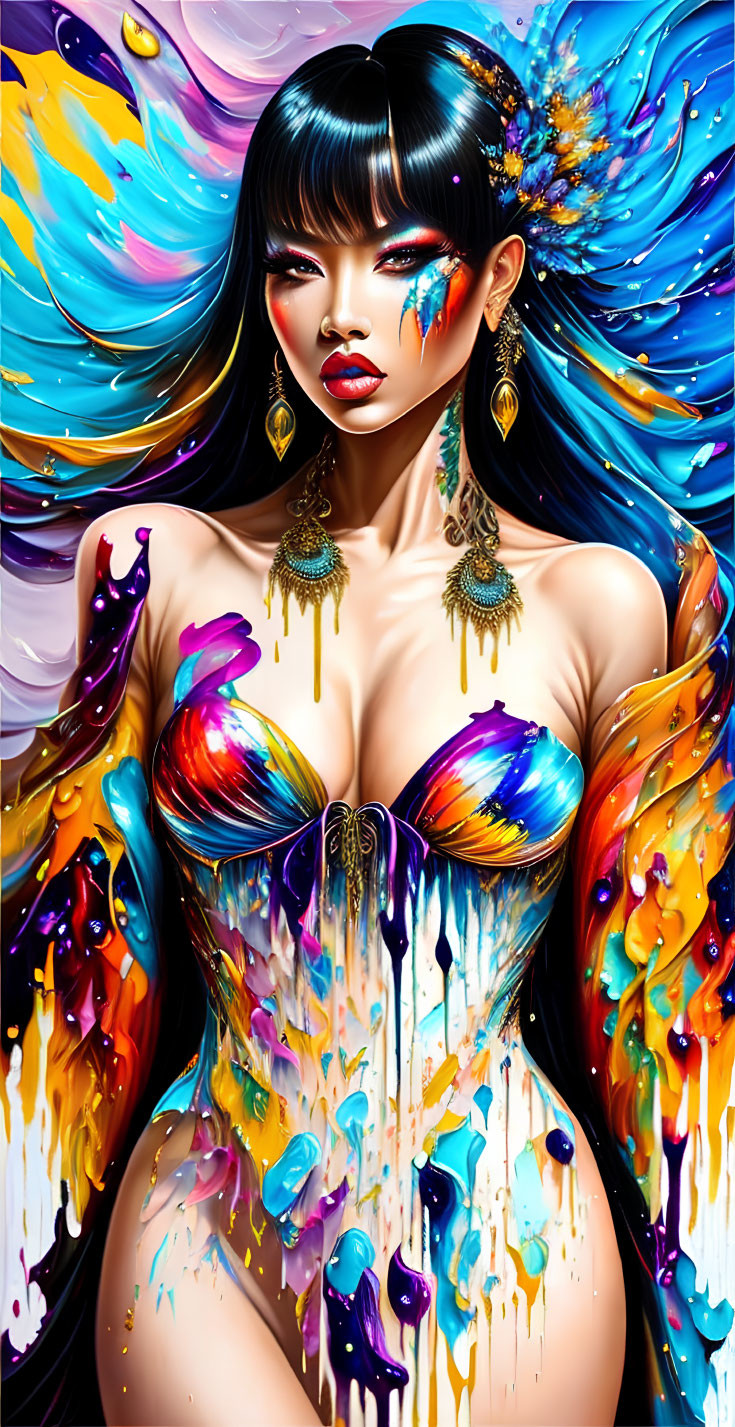 Colorful digital artwork of woman with melting body paint & abstract splash background