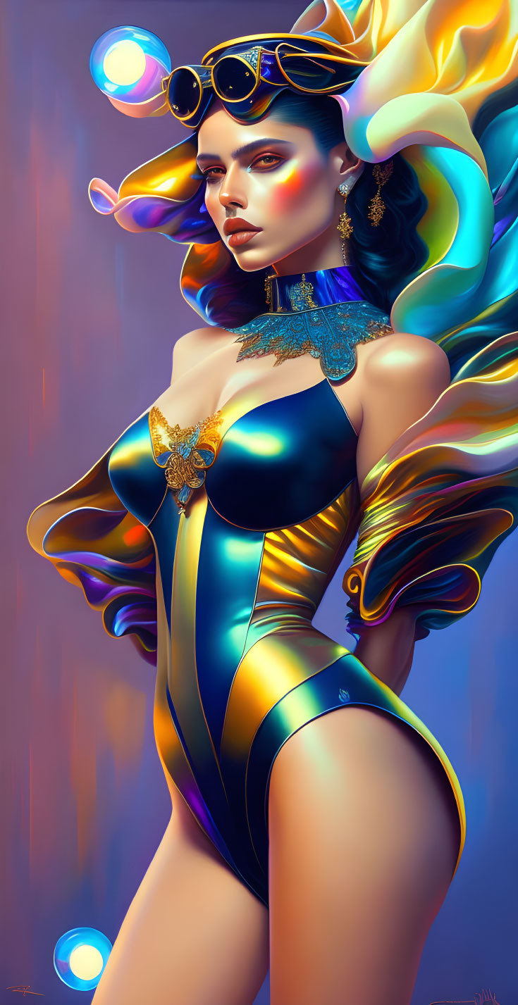 Digital Art: Woman with Colorful Hair and Futuristic Attire