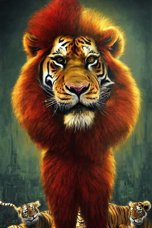 Surreal artwork: lion's mane merges with tiger's face in dark, castle setting