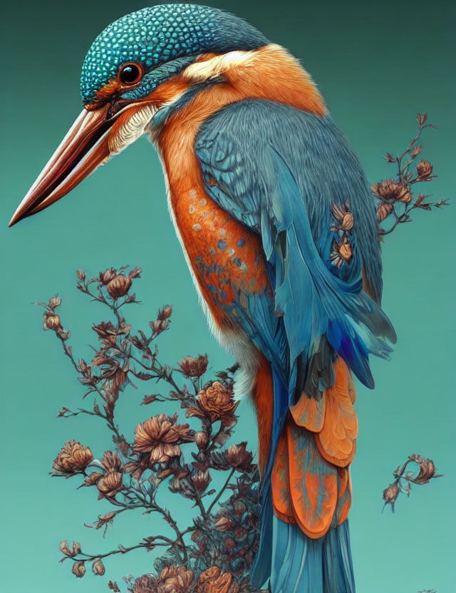 Vibrant kingfisher bird illustration with intricate feathers on blossoming branches