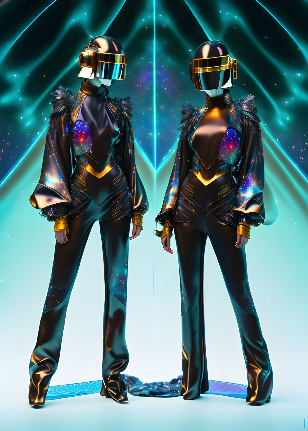 Futuristic figures in gold helmets and space suits on cosmic blue background