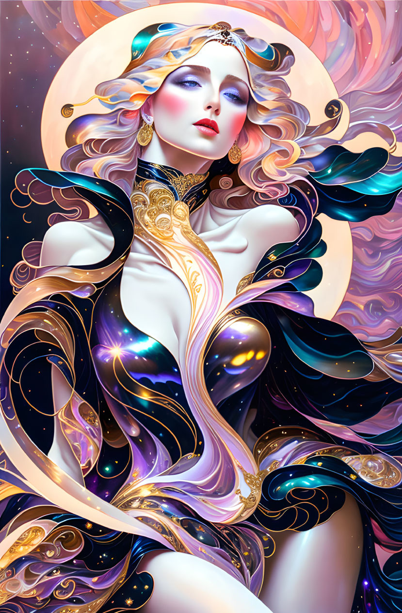 Ethereal woman illustration with flowing hair and cosmic swirls