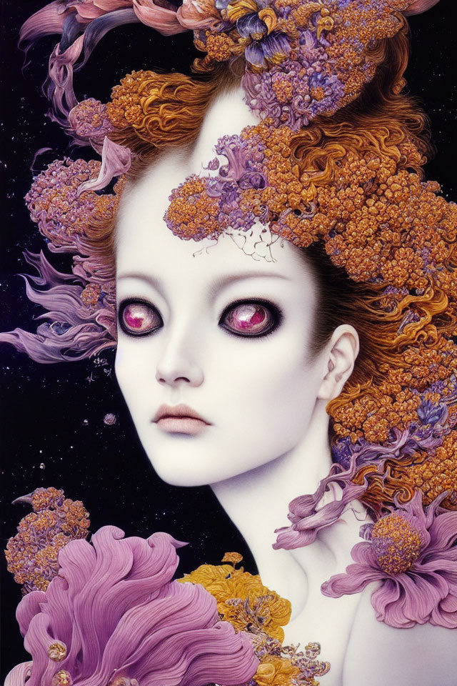 Surreal portrait of figure with pale skin and red eyes adorned with blooming flowers