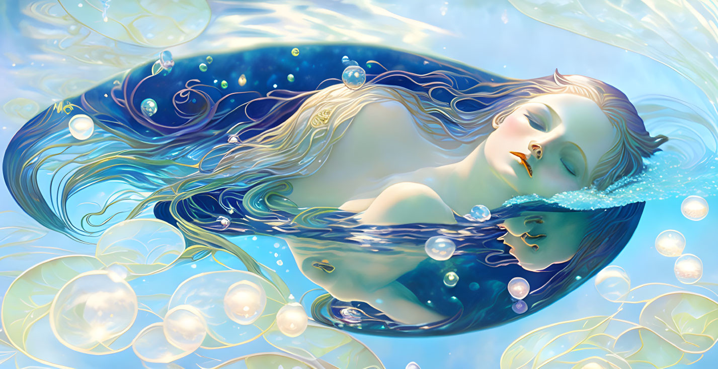 Mermaid illustration in tranquil ocean with flowing hair