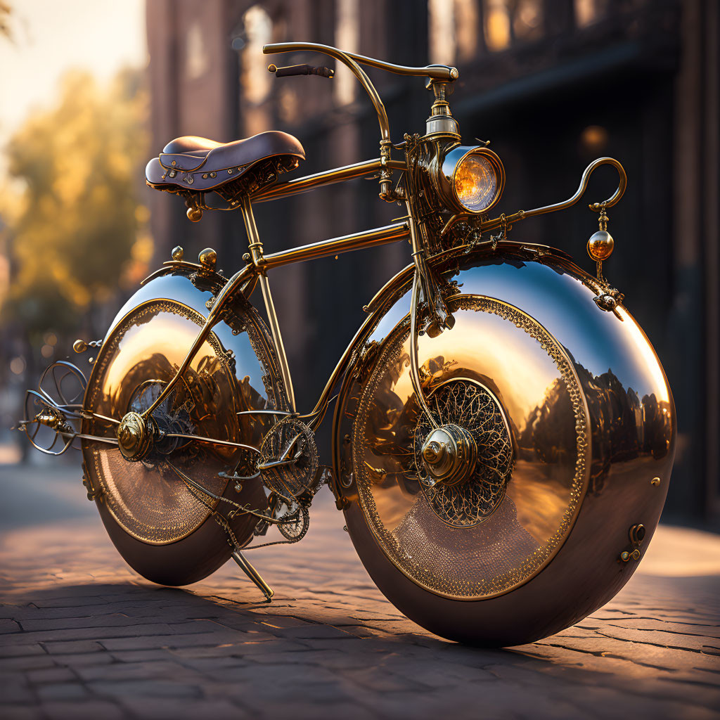 Vintage-style Bicycle with Oversized Golden Wheels on City Street at Sunset